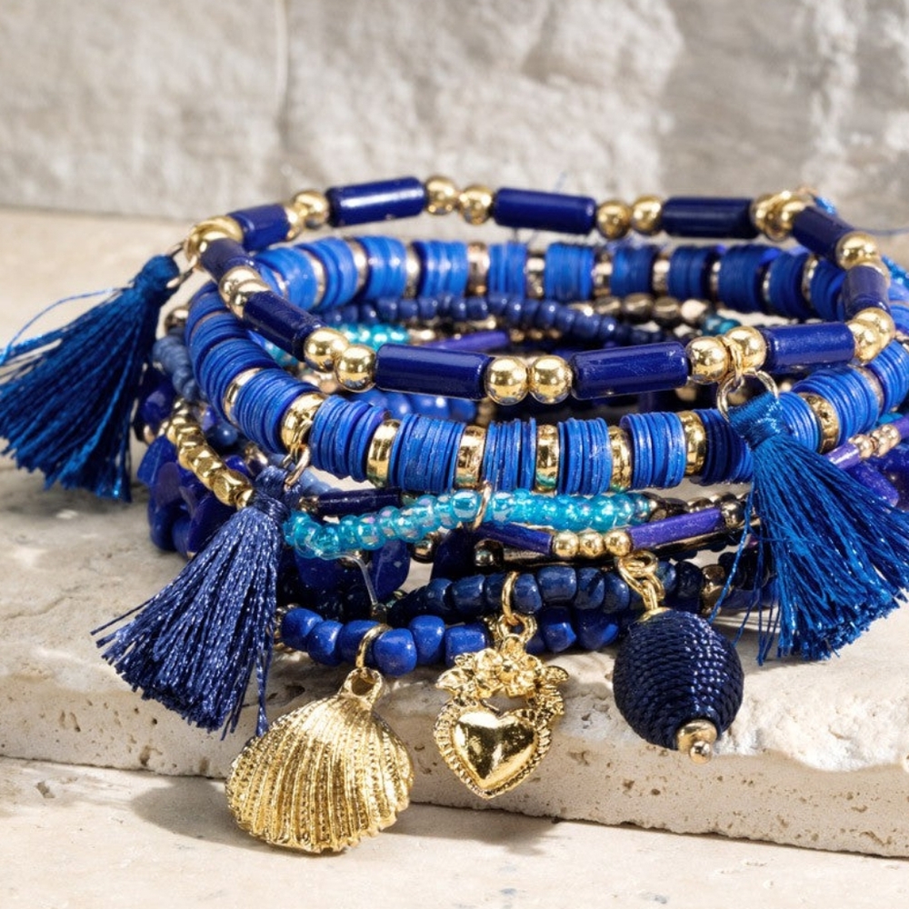 Super Blue Boho Chic Multi Layered Stretch Bracelet Set w/ Golden Charms - Picture 2 of 3